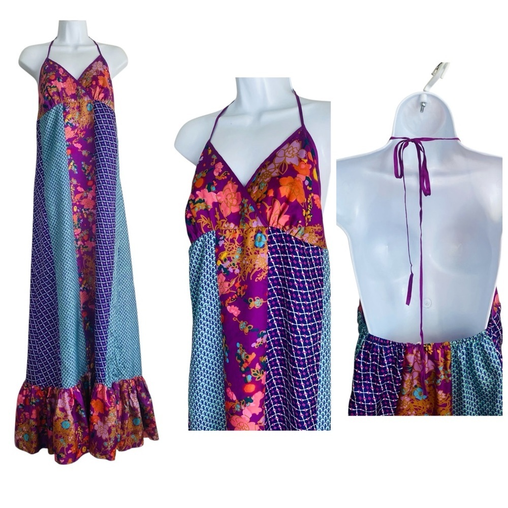 Jenny Han Silk Mix Print Halter Maxi Dress Size L